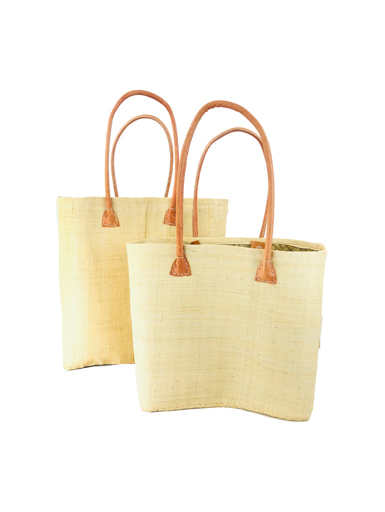 Soubic basket bag small or large handmade loomed raffia palm in natural with leather handles - Shebobo
