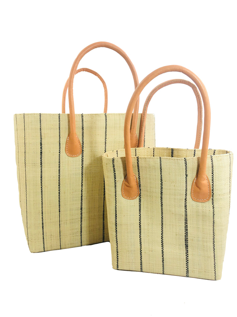 Soubic basket bag small or large handmade loomed raffia palm in natural and black vertical pinstripe pattern with leather handles - Shebobo