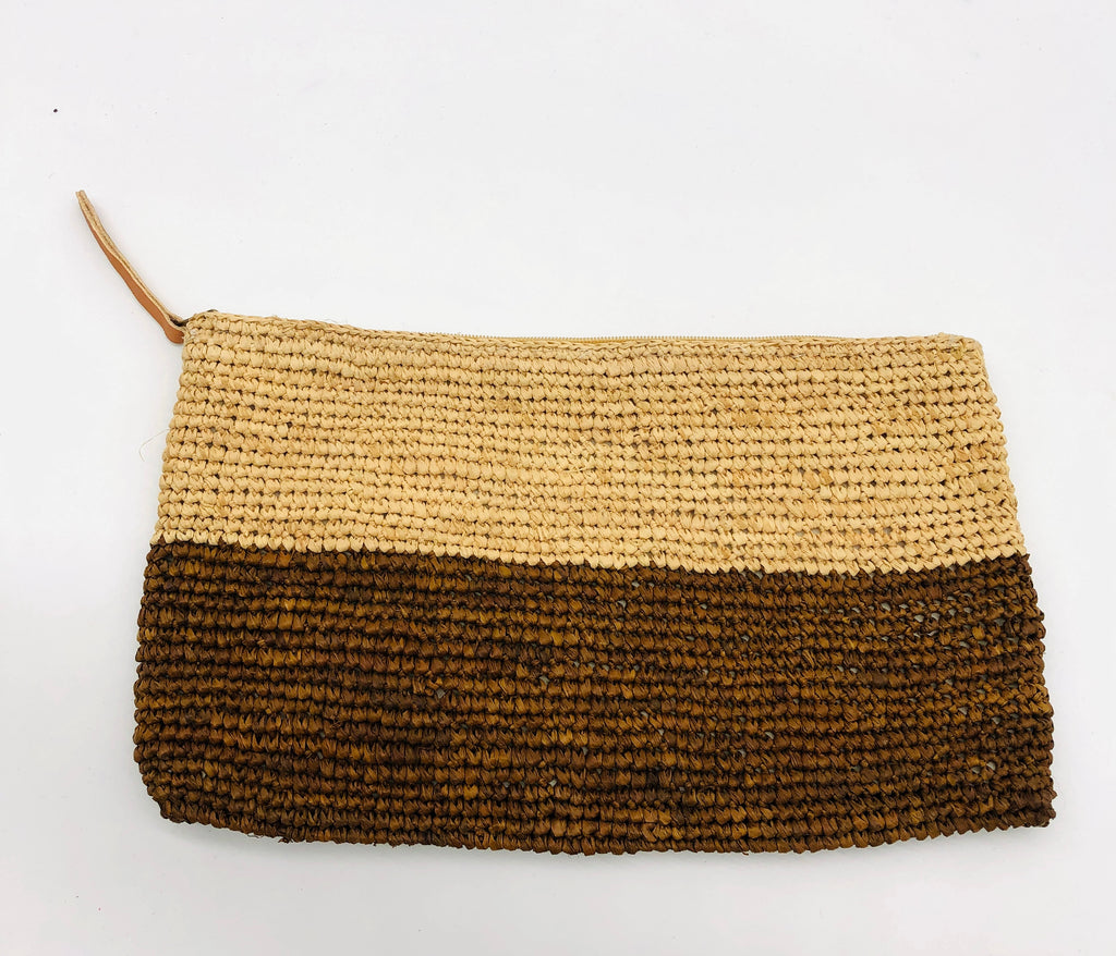 Stella Two Tone Crochet Straw Clutch handbag color block natural raffia top with cinnamon/tobacco/brown bottom handmade purse with zipper closure and leather pull pouch bag - Shebobo