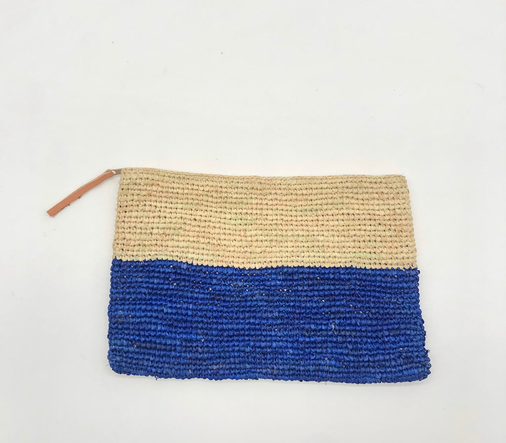 Stella Two Tone Crochet Straw Clutch handbag color block natural raffia top with Santorini/navy blue bottom handmade purse with zipper closure and leather pull pouch bag - Shebobo