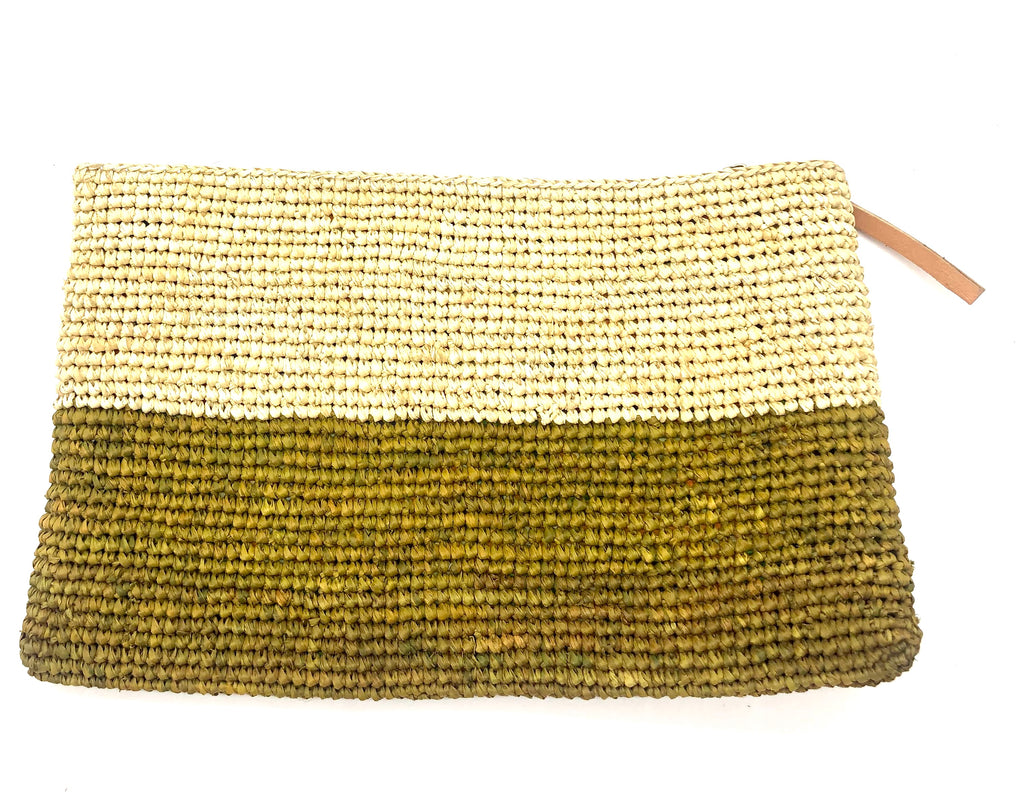 Stella Two Tone Crochet Straw Clutch handbag color block natural raffia top with olive green bottom handmade purse with zipper closure and leather pull pouch bag - Shebobo