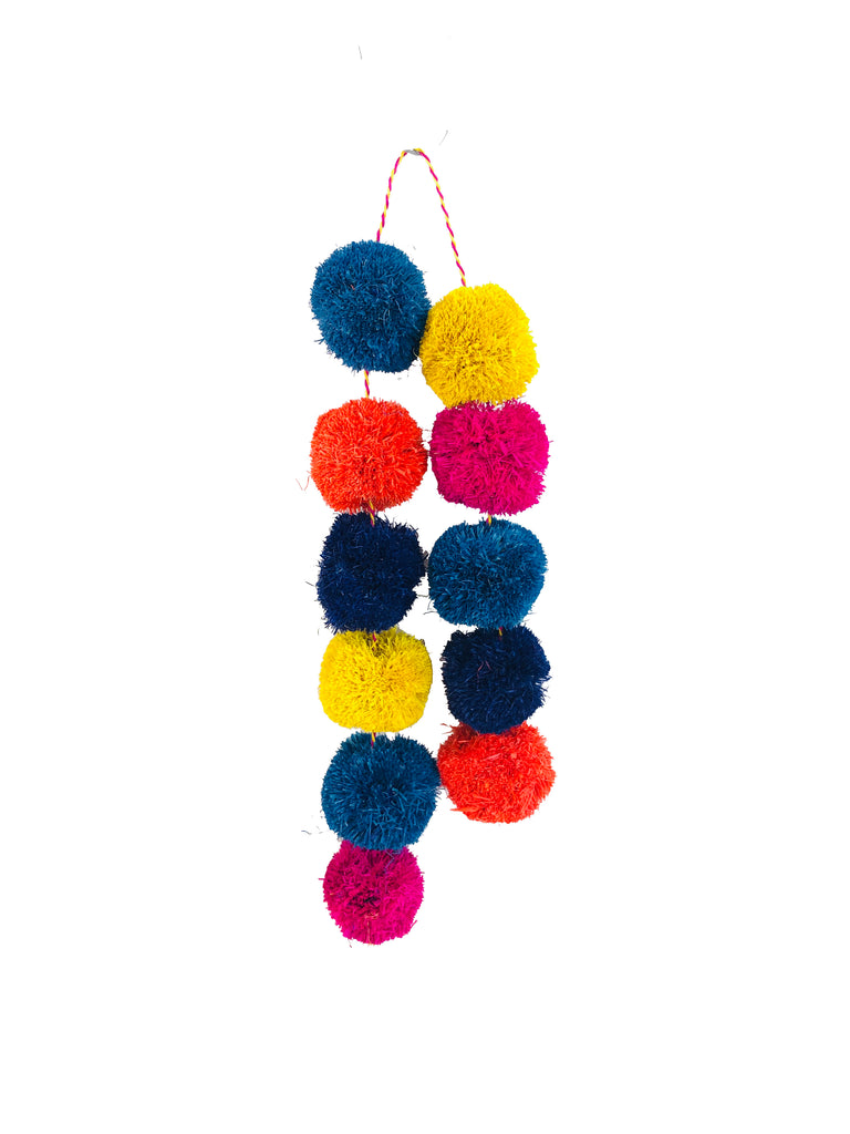 Rainbow Brights Strand Pompoms Charm Embellishment multiple handmade multicolor turquoise blue, navy blue, fuchsia pink, coral red/orange, and yellowcraffia pompoms attached to raffia cord - great for beach bag flair or decor - Shebobo