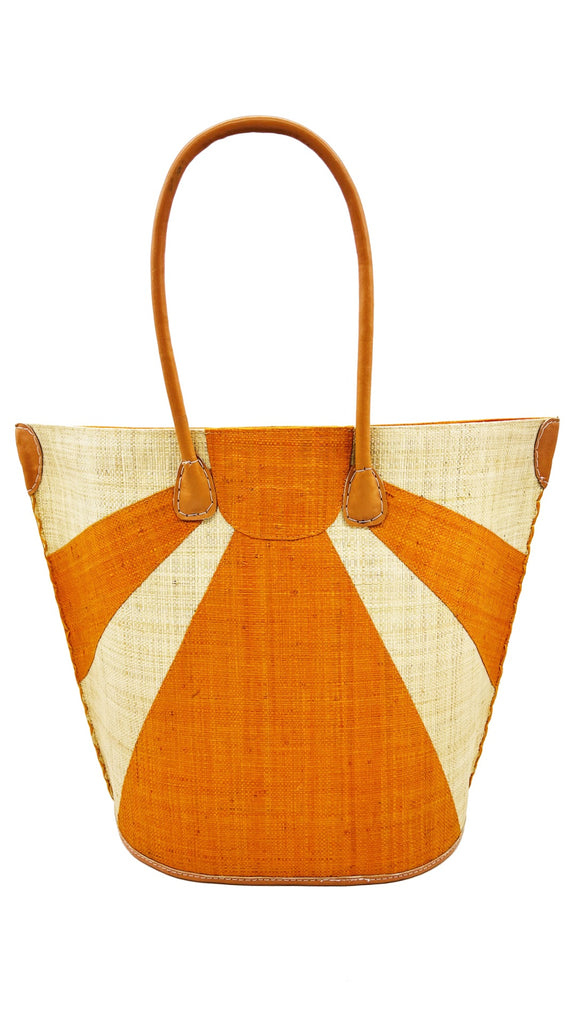 Sunburst Large Straw Tote Bag Saffron yellow sunburst pattern on natural handmade loomed raffia xl beach bag handbag with leather handles and details - Shebobo