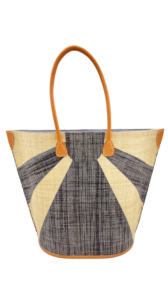 Sunburst large straw tote bag two tone handmade geometric pattern grey on natural handbag beach bag - Shebobo