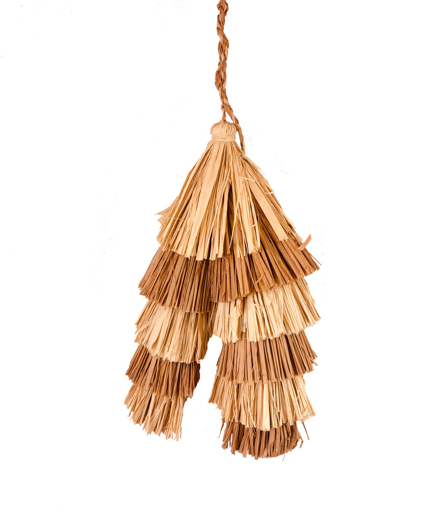 Tassels Cinnamon Two Tone Multicolor Layered Raffia Tufts Charm handmade bag embellishment or decor natural straw color, and cinnamon/tobacco/brown fringed layered tufts tassel - Shebobo