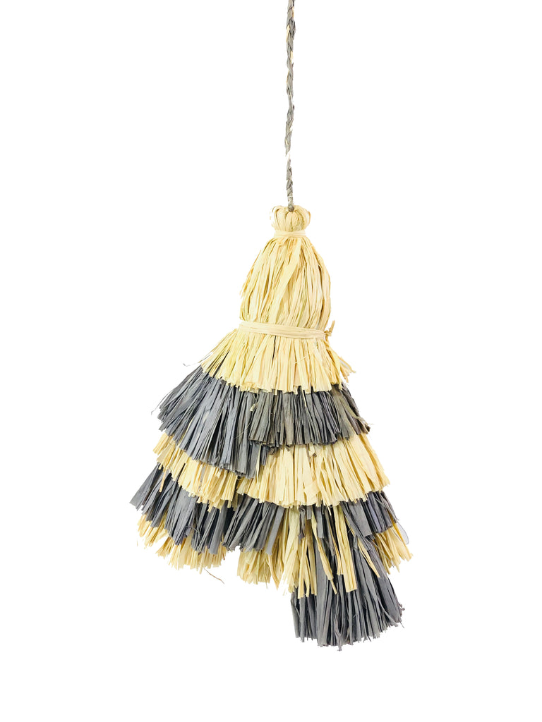 Tassels Grey Two Tone Multicolor Layered Raffia Tufts Charm handmade bag embellishment or decor natural straw color, and Grey fringed layered tufts tassel - Shebobo