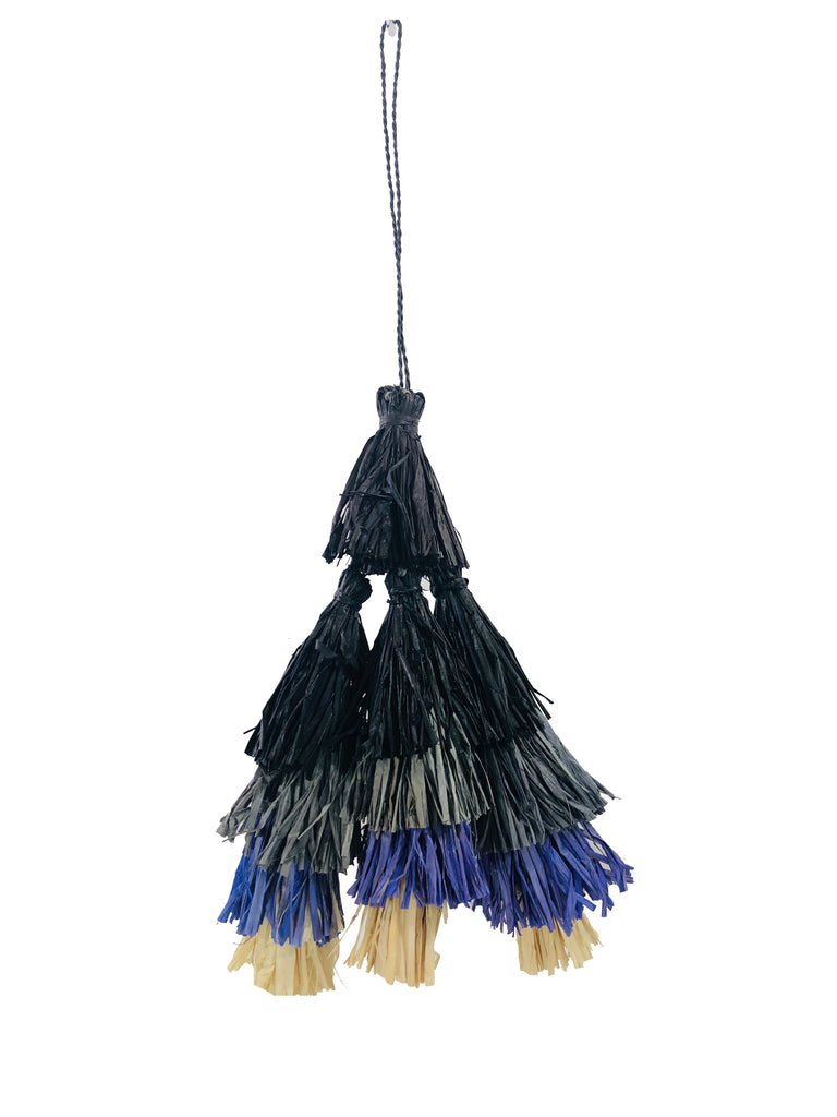 Tassels Midnight Multicolor Layered Raffia Tufts Charm handmade bag embellishment or decor black, grey, navy blue, and natural straw fringed layered tufts tassel - Shebobo