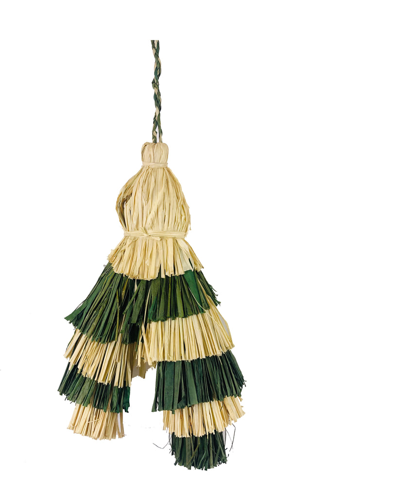 Tassels Olive Two Tone Multicolor Layered Raffia Tufts Charm handmade bag embellishment or decor natural straw color, and olive green fringed layered tufts tassel - Shebobo