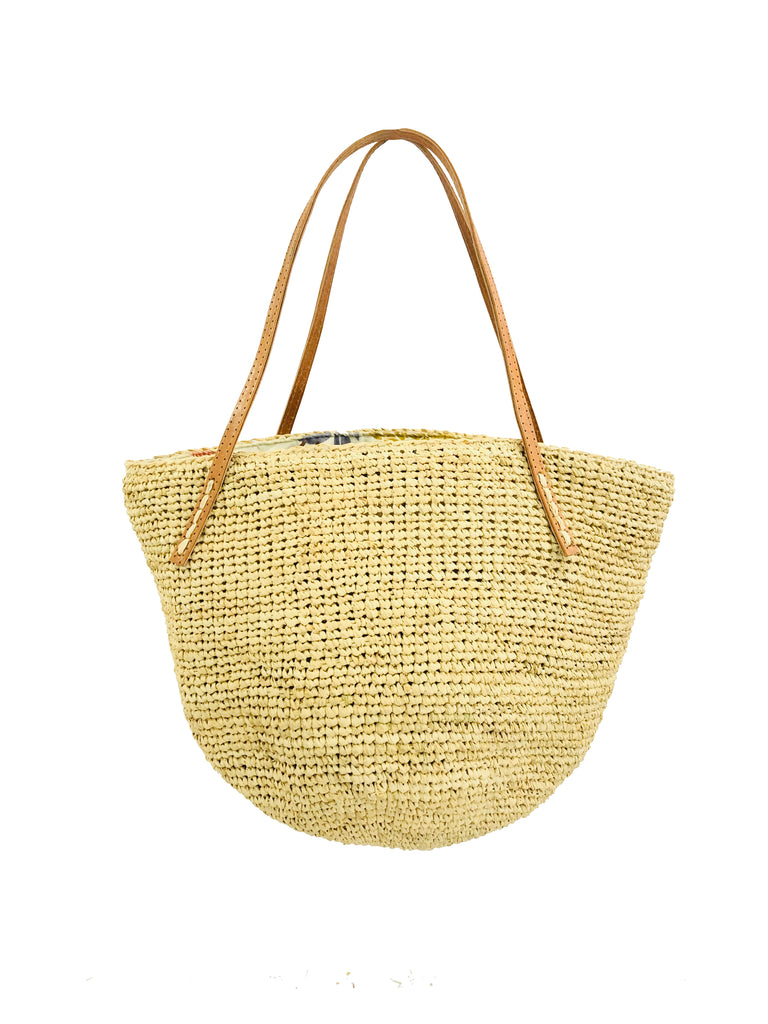 Tika hand crochet bucket shape straw purse handbag with leather handles in natural raffia straw color bag - Shebobo