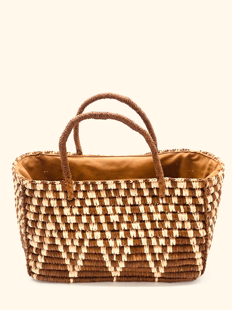 Zig Zag crochet rectangle straw basket tobacco/cinnamon/brown with natural raffia colored pattern purse handbag - Shebobo
