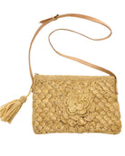 ZaZa Flower Hand Crochet Natural Raffia Palm Fiber Crossbody Bag with adjustable leather strap, zipper closure, and tassel zipper pull in natural straw color textured purse straw handbag - Shebobo