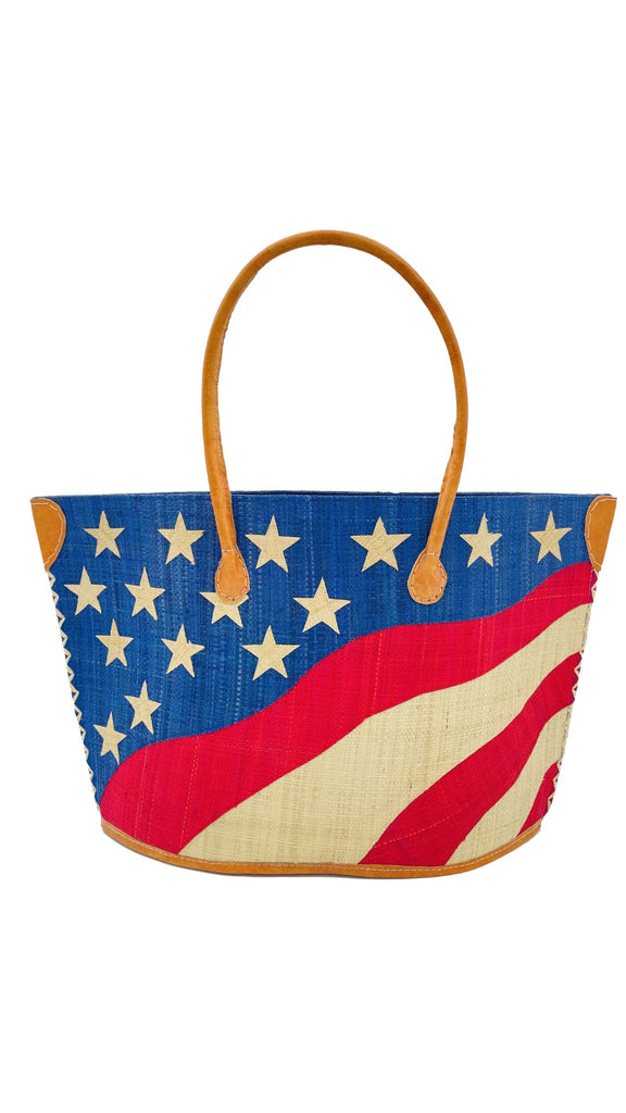 American Flag Stars and Stripes Americana Raffia Straw Tote Basket Bag with leather handles - Shebobo
