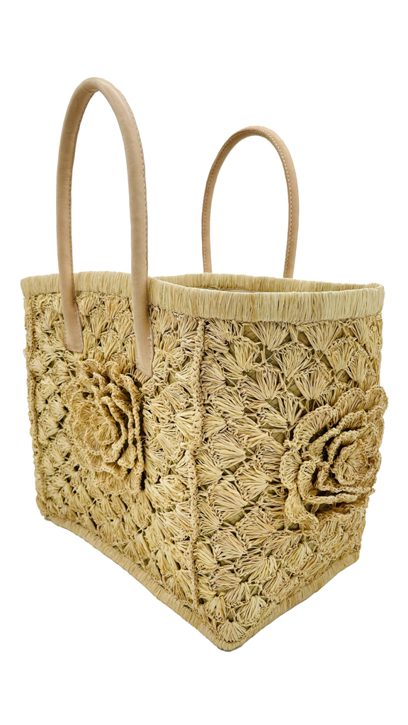 Big Flower raffia basket bag crochet detail of flowers, leaf or shell pattern handmade basket bag with leather handles - Shebobo