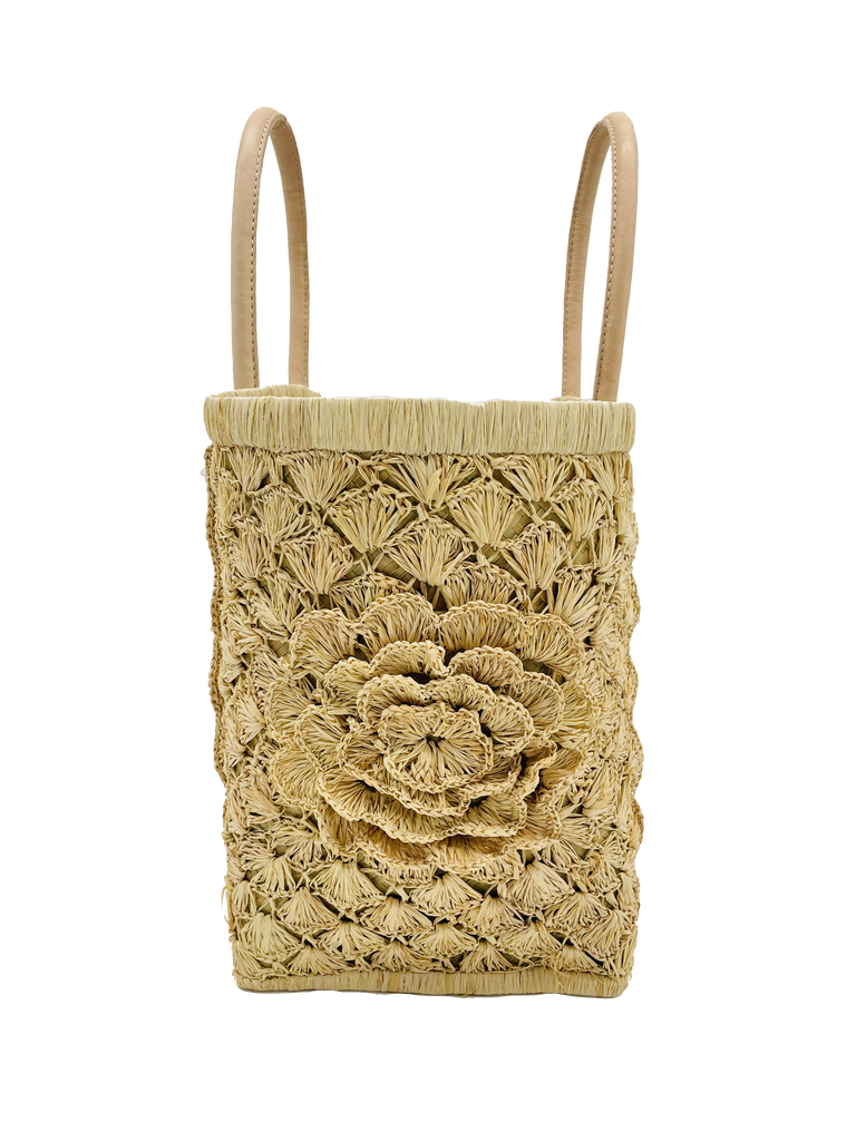 Big Flower hand crochet flower, leaf, shell natural straw color raffia basket bag with leather handles side view - Shebobo
