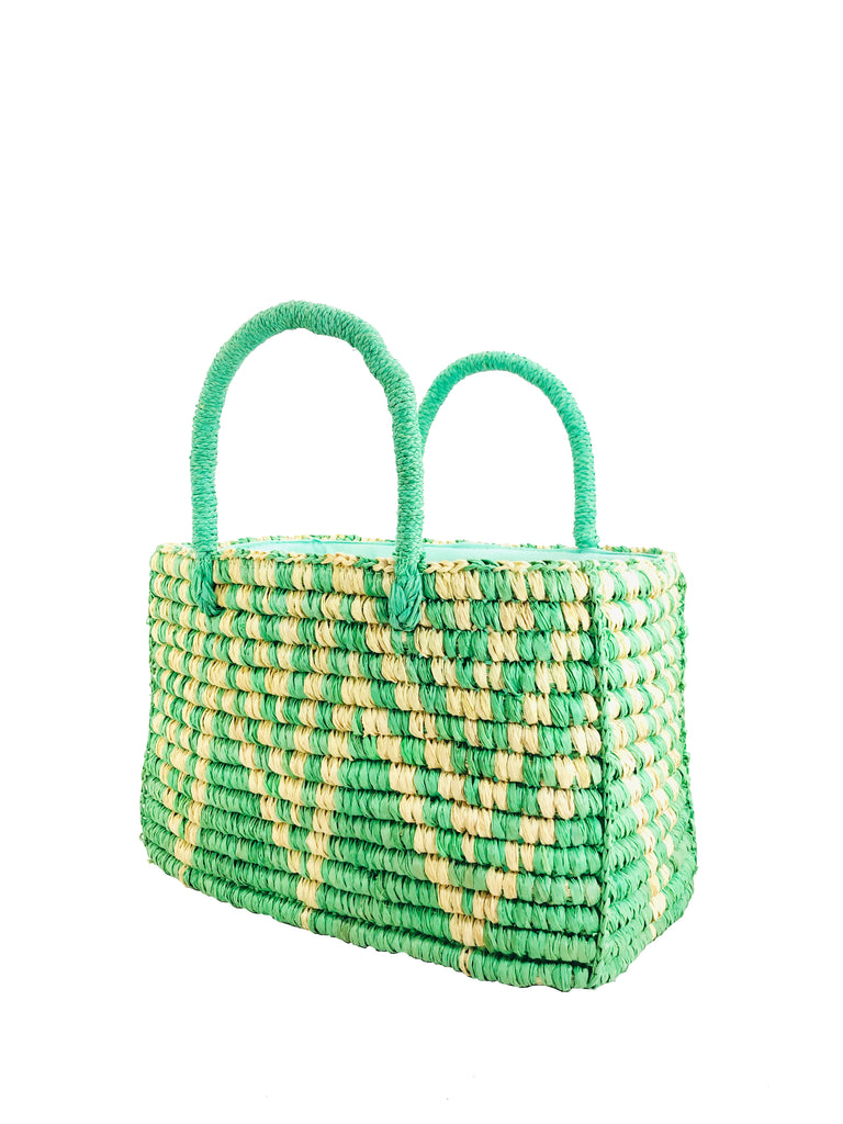 Zig Zag hand crochet straw basket in mint green and natural raffia triangle zig zag pattern purse handbag straw bag - Shebobo